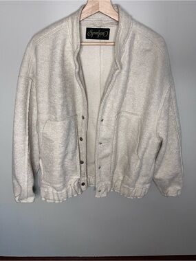 Spoon Jeans Mens Cream Fleece Bomber Jacket Snap Front Large Off White Oversized